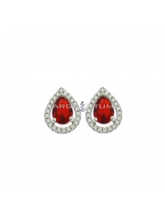Lobe earrings with central red teardrop zircon in the shape of white zircons plated white gold in 925 silver