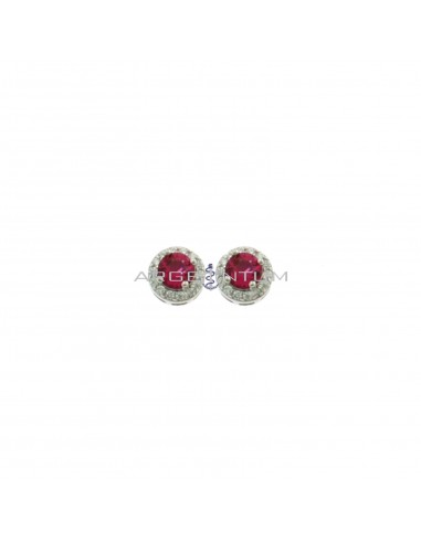 Lobe earrings ø 6 mm with central round red zircon in a frame of white zircons plated white gold in 925 silver