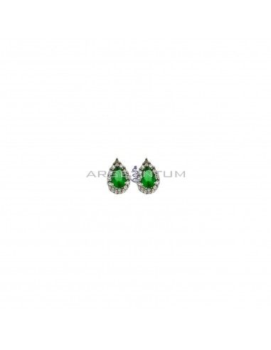 Lobe earrings with central green teardrop zircon in a frame of white gold plated white zircons in 925 silver