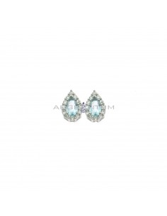 Lobe earrings with central blue drop zircon in a frame of white zircons plated white gold in 925 silver