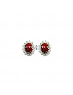 10,5x13 mm lobe earrings with central oval red zircon in a frame of white zircons plated white gold in 925 silver
