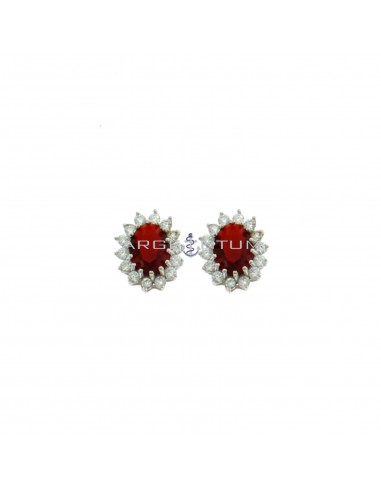 10,5x13 mm lobe earrings with central oval red zircon in a frame of white zircons plated white gold in 925 silver