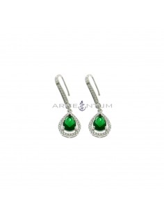 Pendant earrings with white zircon hook attachment and drop green zircon pendant in a frame of white zircons plated white gold in 925 silver