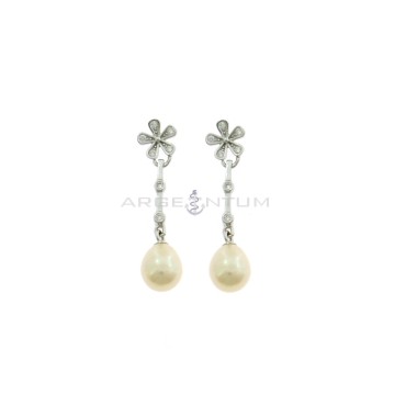 Pendant earrings with white zircon flower attachment, rigid segment with onion light points and oval pearl, white gold plated in