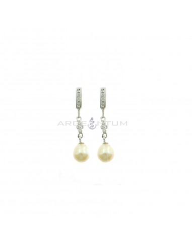 Pendant earrings with zircon rail attachment, cross of white cubic zirconia chives and pearl white gold plated in 925 silver