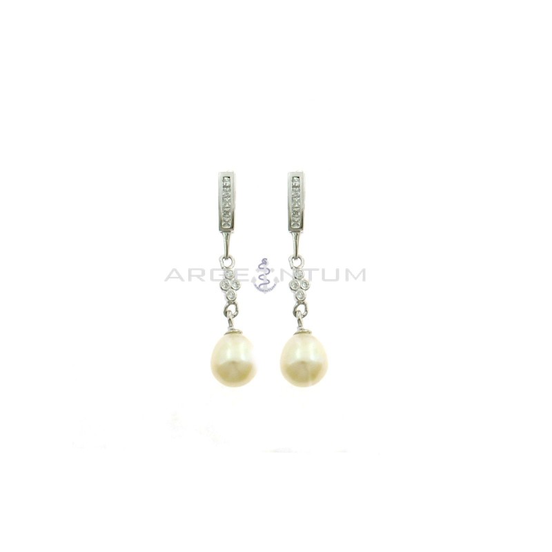 Pendant earrings with zircon rail attachment, cross of white cubic zirconia chives and pearl white gold plated in 925 silver