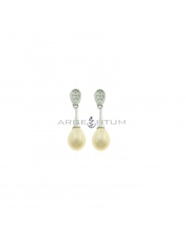 Drop earrings with white zircons pave teardrop attachment and pearl droplet with rigid attachment white gold plated in 925 silver