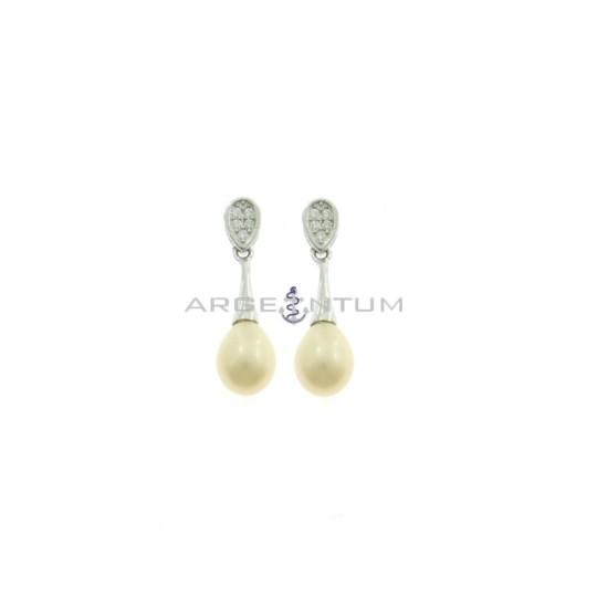 Drop earrings with white zircons pave teardrop attachment and pearl droplet with rigid attachment white gold plated in 925 silve