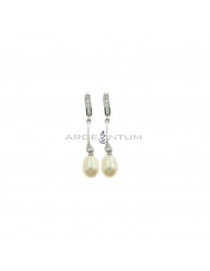 Pendant earrings with zircon rail attachment, rigid segment and oval pearl with small onion light point, 925 white gold plated