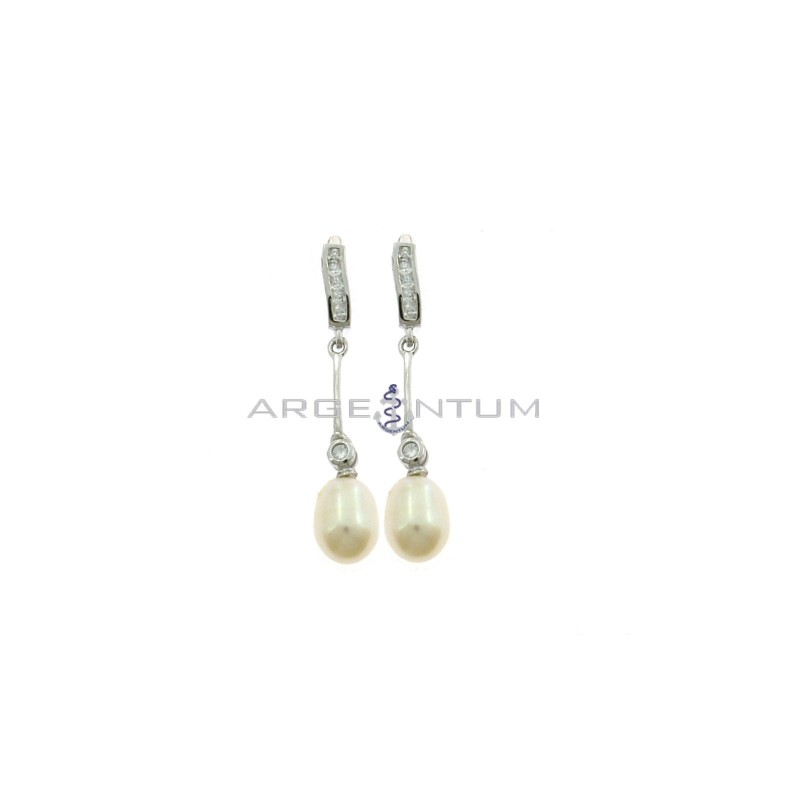 Pendant earrings with zircon rail attachment, rigid segment and oval pearl with small onion light point, 925 white gold plated