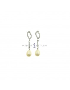 Pendant earrings with white zircon leaf shape attachment, rigid zircon segment and oval pearl plated white gold in 925 silver