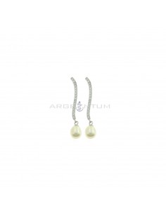 Orecchini pendenti con attacco segmento rigido a onda zirconato bianco e perla ovale placcati oro bianco in argento 925