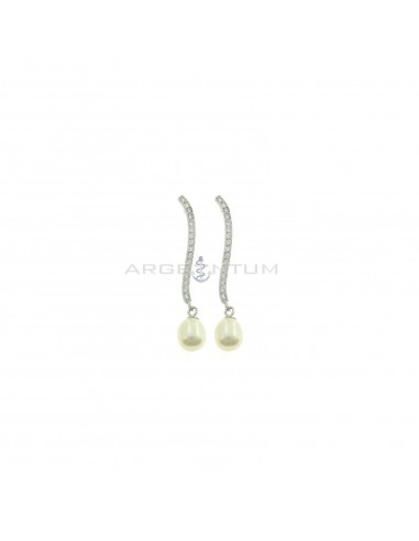 Pendant earrings with rigid white zircon wave segment attachment and white gold plated oval pearl in 925 silver