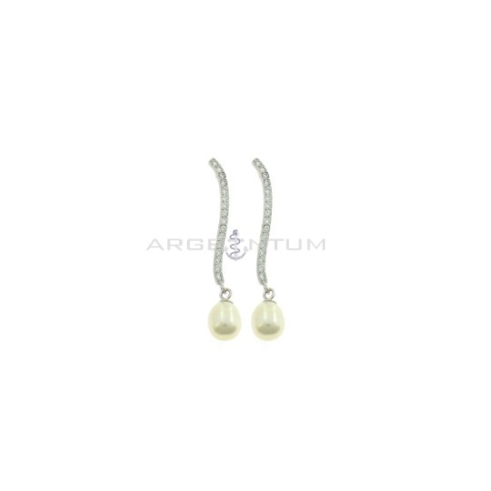 Pendant earrings with rigid white zircon wave segment attachment and white gold plated oval pearl in 925 silver