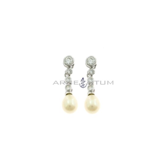 Pendant earrings with white onion zircon attachment, 3 white onion zircons and oval pearl plated white gold in 925 silver