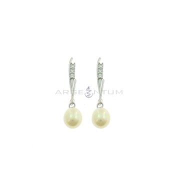 Pendant earrings with rigid wand attachment with 3 white zircons and oval pearl plated white gold in 925 silver