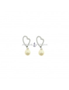 Pendant earrings with white zircon heart shape attachment and white gold plated pendant oval pearl in 925 silver