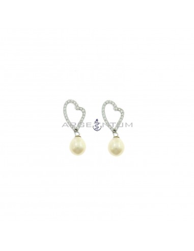 Pendant earrings with white zircon heart shape attachment and white gold plated pendant oval pearl in 925 silver