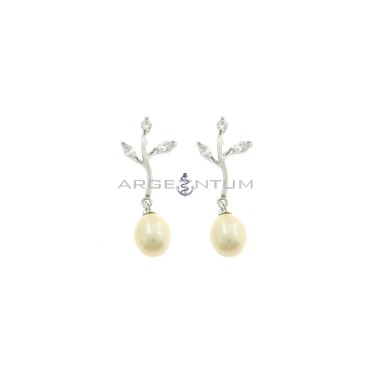 Orecchini pendenti con attacco ramo con foglie di zirconi bianchi e perla ovale placcati oro bianco in argento 925
