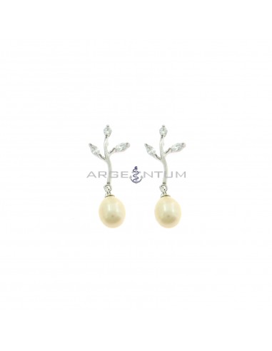 Pendant earrings with branch attachment with leaves of white zircons and oval pearl, white gold plated in 925 silver