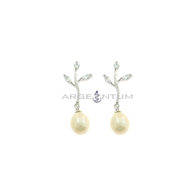 Pendant earrings with branch attachment with leaves of white zircons and oval pearl, white gold plated in 925 silver