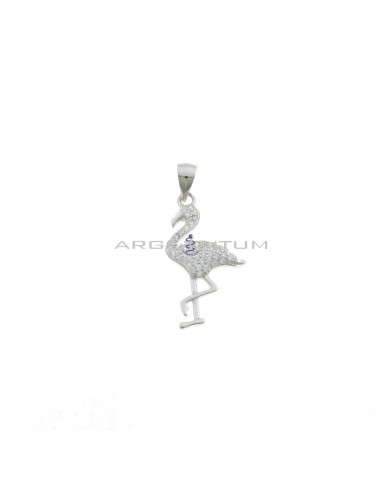White zircon pave flamingo pendant with shiny paws and beak white gold plated 925 silver