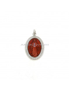 Miraculous medal pendant 14.5x20 mm with red enamel white gold plated in 925 silver