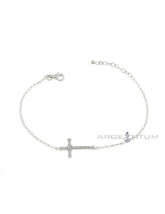 Diamond-coated rolò mesh bracelet with central white zircon cross with shiny details white gold plated in 925 silver