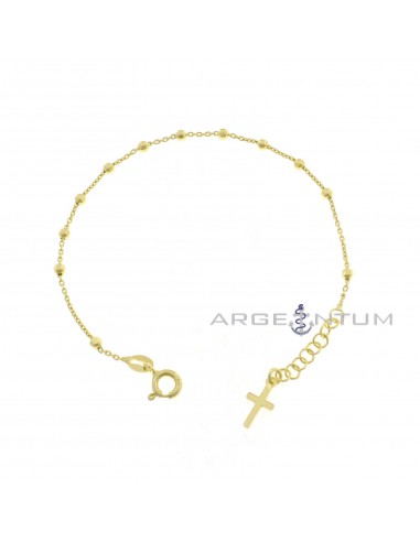 Bracciale del rosario maglia forzatina con sfere diamantate e croce a lastra pendente placcato oro giallo in argento 925