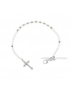 Chain link rosary bracelet with diamond spheres and molten crucifix pendant white gold plated in 925 silver