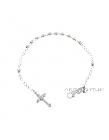 Bracciale del rosario maglia a catena con sfere diamantate e crocifisso fuso pendente placcato oro bianco in argento 925