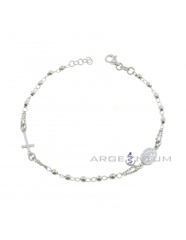 Rosary bracelet chain link with diamond spheres, lateral cross and lateral miraculous medal plated white gold 925 silver