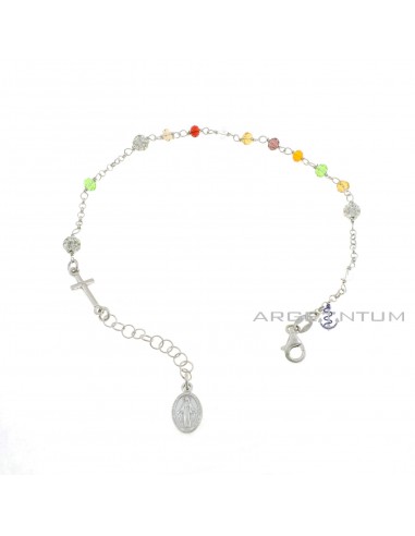 Rosary bracelet with rolò mesh with multicolor swarovski stones, resin spheres and white rhinestones, side plate cross and miraculous medal pendant white gold plated in 925 silver