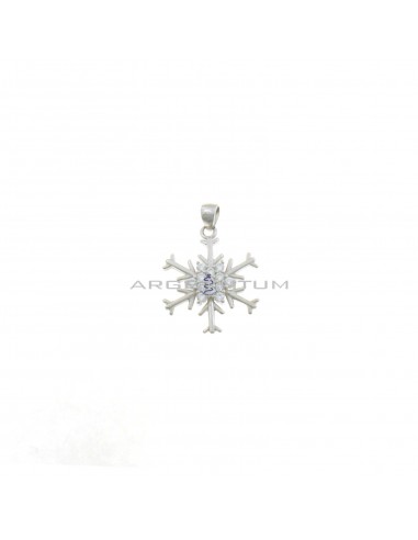 Plate snowflake pendant with central white zircon plated white gold in 925 silver