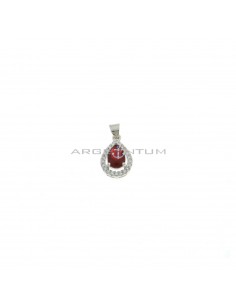 Red drop zircon pendant 8x11 mm. on a white gold plated base with white zircons frame in 925 silver
