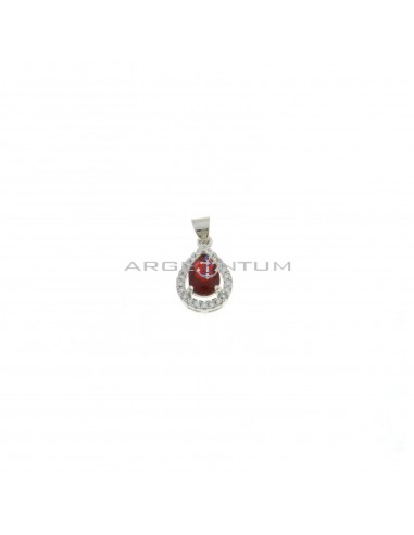 Red drop zircon pendant 8x11 mm. on a white gold plated base with white zircons frame in 925 silver