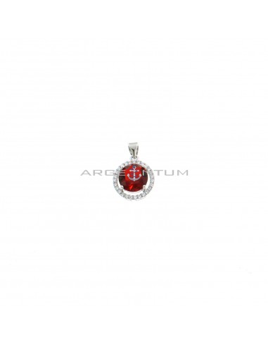Round red zircon pendant ø 11.5 mm on white gold plated base with white zircon claw frame in 925 silver