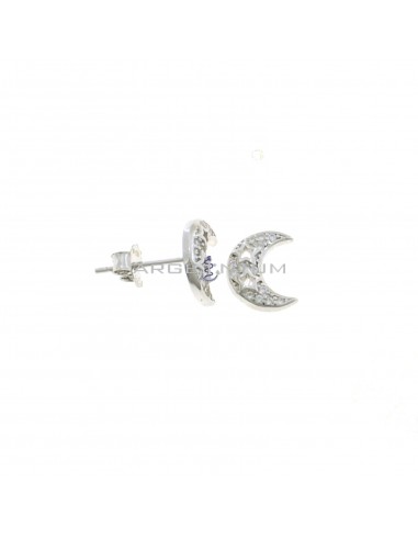 White zircon moon lobe earrings with white gold plated pierced stars in 925 silver