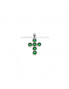 Cross pendant with green zircons in white gold plated dotted settings in 925 silver