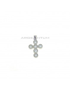 Cross pendant with white zircons in dotted settings white gold plated in 925 silver