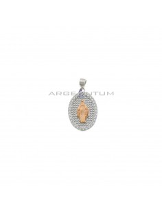 Miraculous medal pendant with rose gold plated madonna on a dotted base in a white gold plated zircon frame in 925 silver