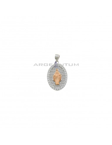 Miraculous medal pendant with rose gold plated madonna on a dotted base in a white gold plated zircon frame in 925 silver