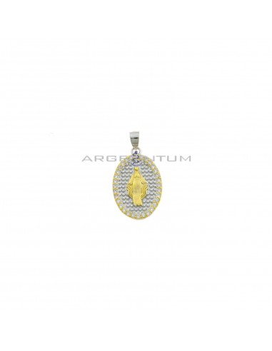 White gold plated miraculous medal pendant with yellow gold plated madonna on a dotted base in a yellow gold plated frame of white zircons in 925 silver