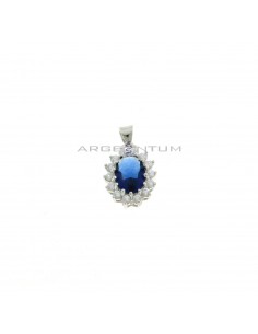10x12 mm pendant with oval blue zircon in white zircon frame white gold plated 925 silver
