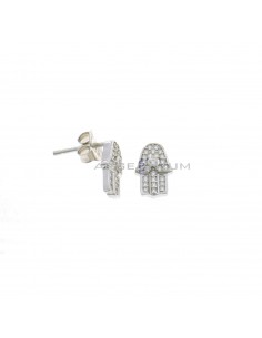 Lobe earrings hand of fatima in white zircons pave with central light point, white gold plated in 925 silver