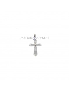 Cross pendant in white zircons pave with triangular ends and shiny center, white gold plated in 925 silver