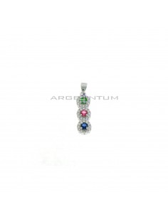 Pendant 3 rounds of multicolor zircons in white zircon frames white gold plated in 925 silver
