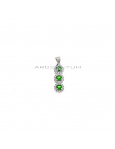Pendant 3 rounds of green zircons in white zircon frames white gold plated in 925 silver
