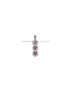 Pendant 3 rounds of red zircons in white zircon frames white gold plated in 925 silver