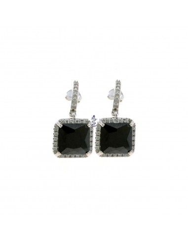 White zircon half circle earrings with black square zircon in white zircon frame pendant white gold plated 925 silver